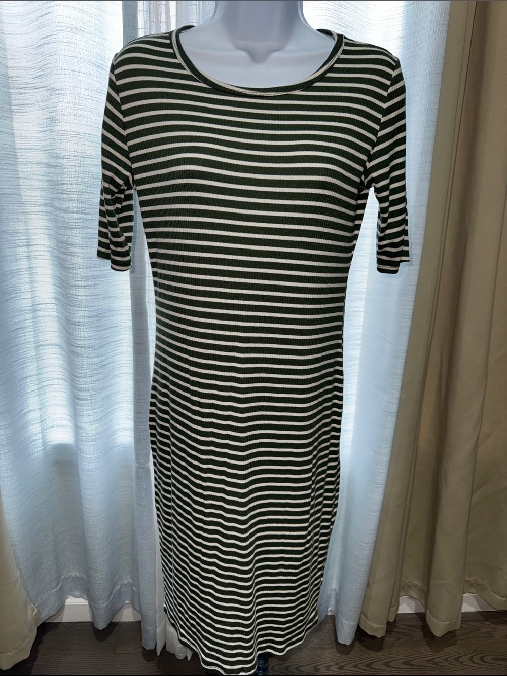 LuLaRoe- Olive Green & White Striped Midi Dress Size Small - Picture 3 of 15